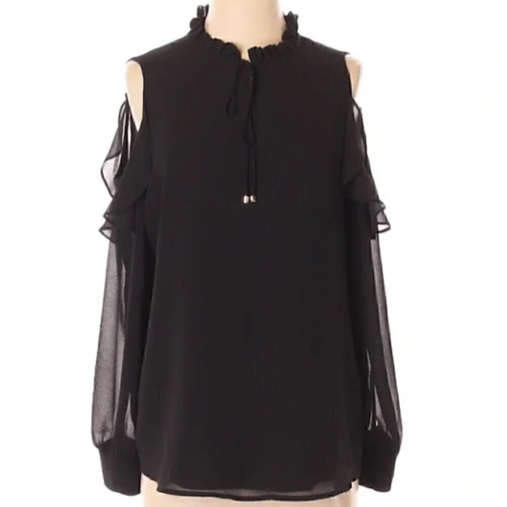 Calvin Klein Long Sleeve Cold Shoulder Blouse with Ruffles and Tie Front